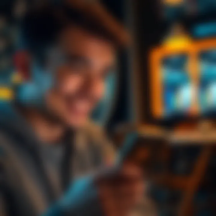 A person smiling while using a smartphone to make an easy cryptocurrency transaction, showing a supportive community around crypto discussions.