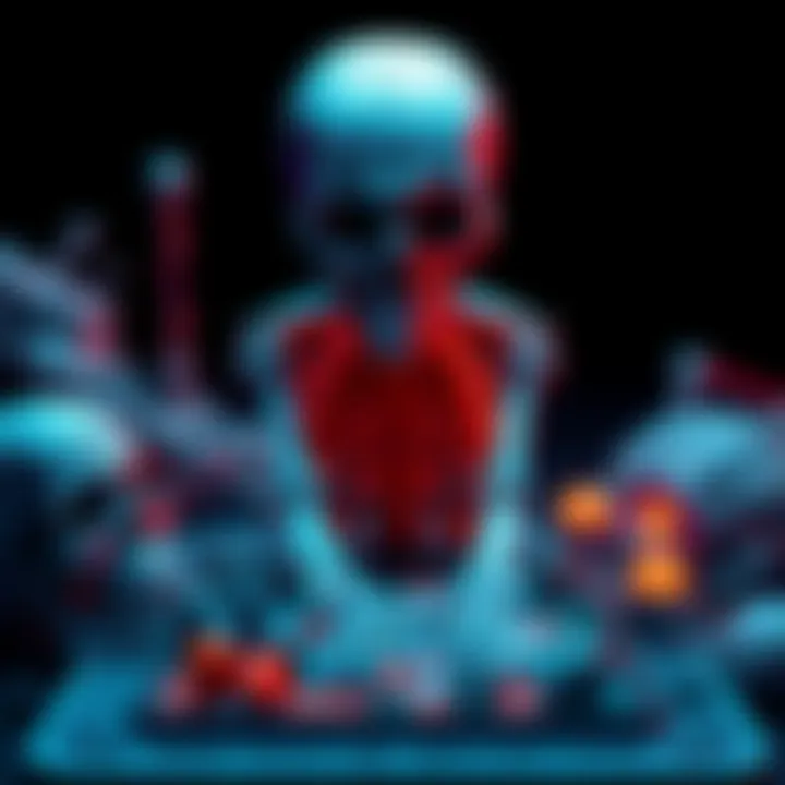 A representation of Skelly with various interpretations like a game board and art pieces around it.