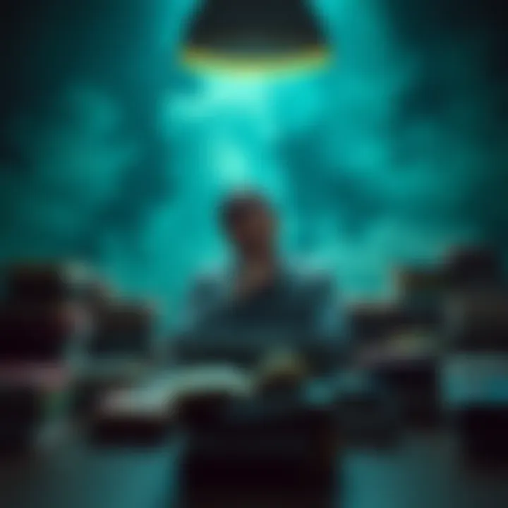 A person sitting at a table with a contemplative expression, surrounded by books about skepticism and belief systems, symbolizing the impact of doubt on trust