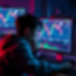 A person looking at a computer screen displaying fluctuating digital currency graphs, showing concern and hesitation about investing.