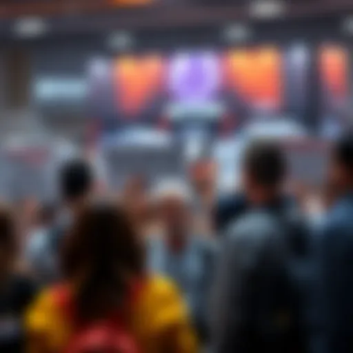A group of diverse people discussing Bitcoin's future, featuring signs with quotes expressing skepticism about cryptocurrency, contrasting opinions in a public forum.