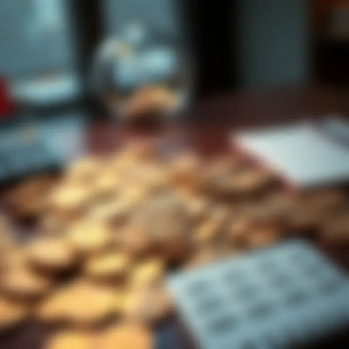 A close-up view of 18,000 SLP tokens scattered on a table, with a calculator and a notepad nearby to symbolize financial decision-making.