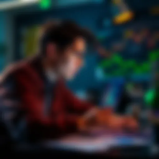 Small investor considering yield aggregators A small investor looks at charts and graphs on a laptop, pondering yield aggregator options