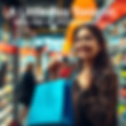 A person holding a shopping bag with a cheerful expression, contemplating a small purchase at a store
