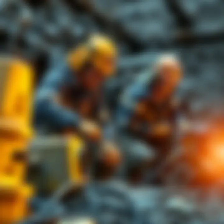 Two miners working in a small-scale mining site, focusing on equipment and surrounding environment.