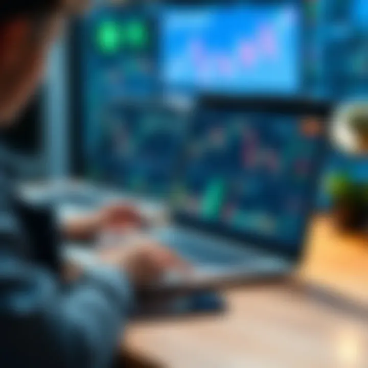 Person analyzing small trades on a laptop with graphs and charts in the background