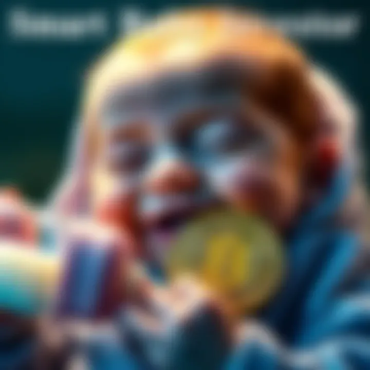 A newborn smiling with a Bitcoin logo and a baby bottle, symbolizing financial savvy from birth.