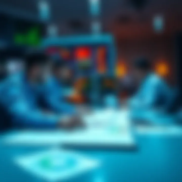 A team reviewing smart contracts on computer screens with documents and reports on the table.