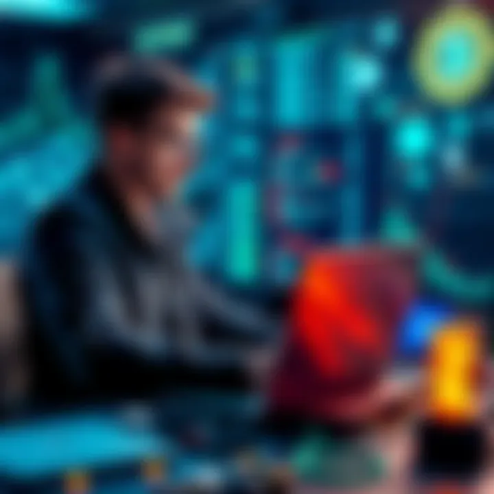 A smart contract developer coding on a laptop, surrounded by digital tools and blockchain graphics.