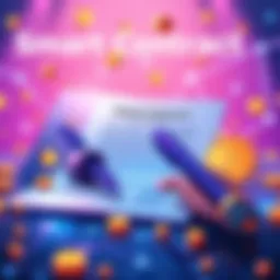 Illustration showing a digital contract being signed with blockchain symbols and escrow elements around it.