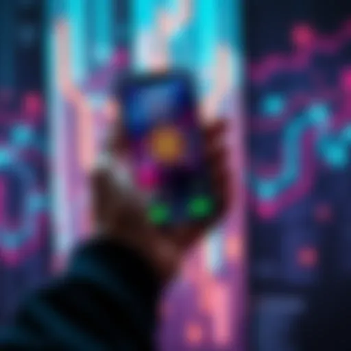 A person holds a smartphone showing a crypto app with blockchain graphics in the background