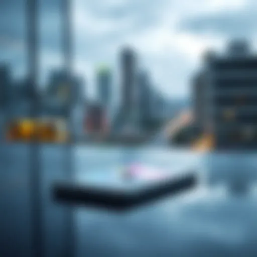 A new smartphone priced at 20,000 BRL, showcasing its sleek design and vibrant display, on a table with a blurred cityscape in the background