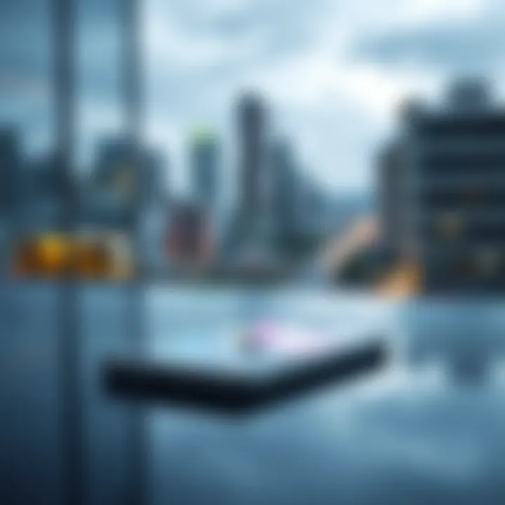 A new smartphone priced at 20,000 BRL, showcasing its sleek design and vibrant display, on a table with a blurred cityscape in the background