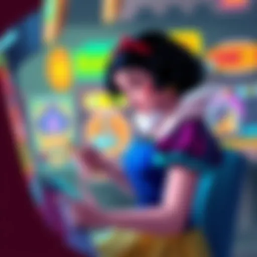 Snow White handling a phone while playing the game 2AB, surrounded by colorful arcade graphics and game elements