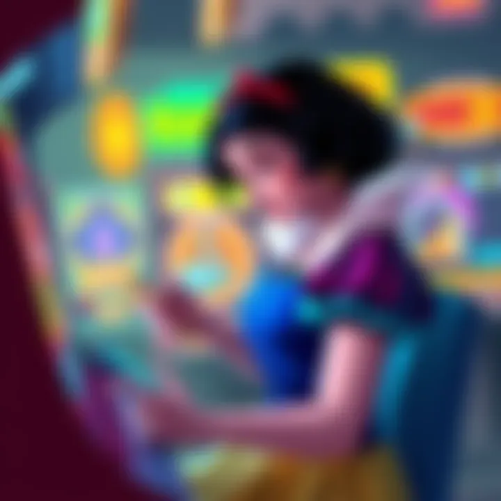 Snow White handling a phone while playing the game 2AB, surrounded by colorful arcade graphics and game elements