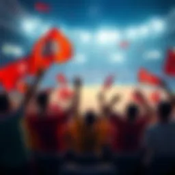 A group of soccer fans cheering and waving flags in a stadium as their team scores a goal, with banners related to Fan Tokens in the background.