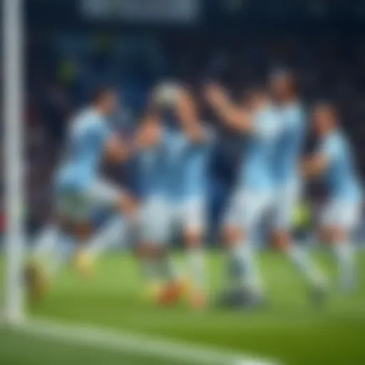 A group of soccer players from Man City celebrating a goal during a match, showcasing teamwork and strategy in fantasy play.