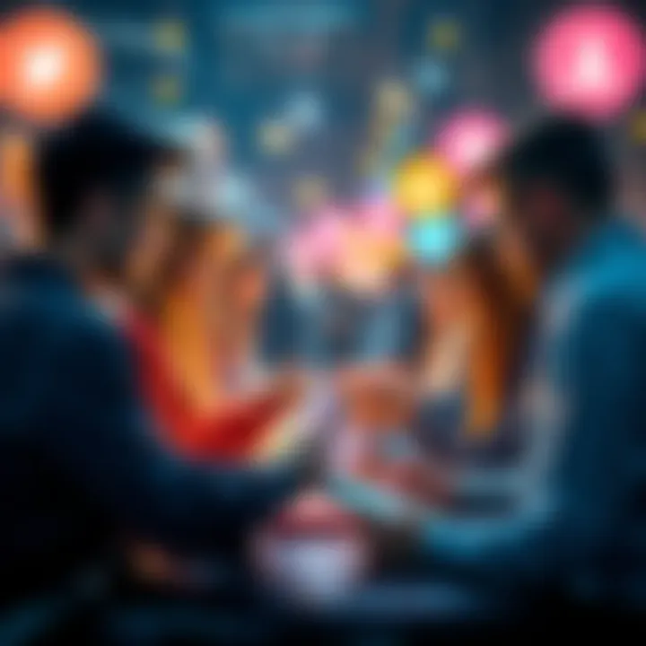 Group of people interacting online by liking, retweeting, and following each other for rewards