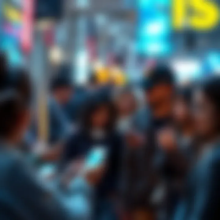 People engaged with smartphones and social media apps, showcasing communication and cultural influence.