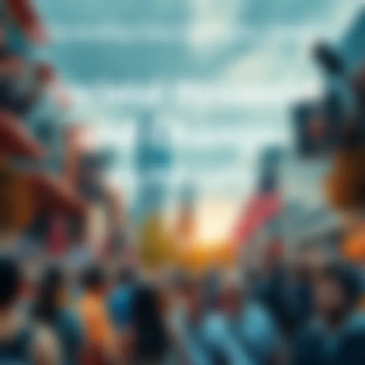 A collage showing people in various settings like a bustling city, a calm park, and a political rally, depicting the interconnection of society, economy, and politics.