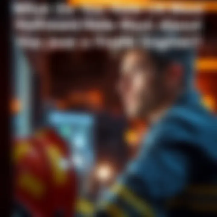 A thoughtful software engineer in Ontario looks at a computer screen while contemplating a shift to firefighting, with a firefighter's helmet in the foreground.