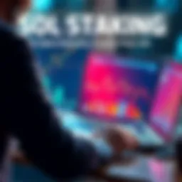 A person analyzing financial charts and graphs related to SOL staking, with a laptop and calculator on a desk, symbolizing investment strategies.