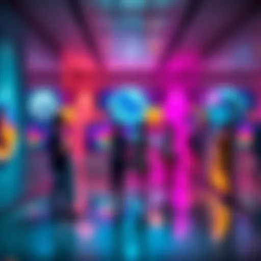 A vibrant digital art gallery showcasing various Solana NFTs on screens, with people discussing their favorite pieces.