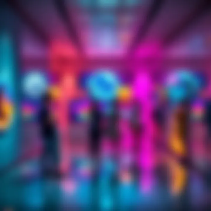 A vibrant digital art gallery showcasing various Solana NFTs on screens, with people discussing their favorite pieces.