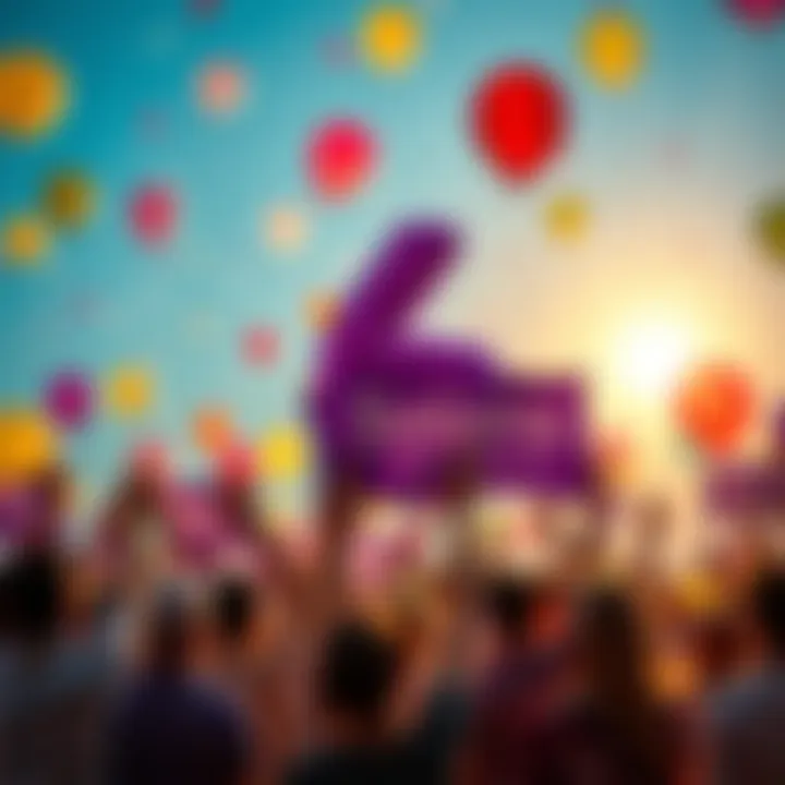 A vibrant celebration scene with people holding balloons and banners for Solana's 6th anniversary, showcasing the network's achievements.