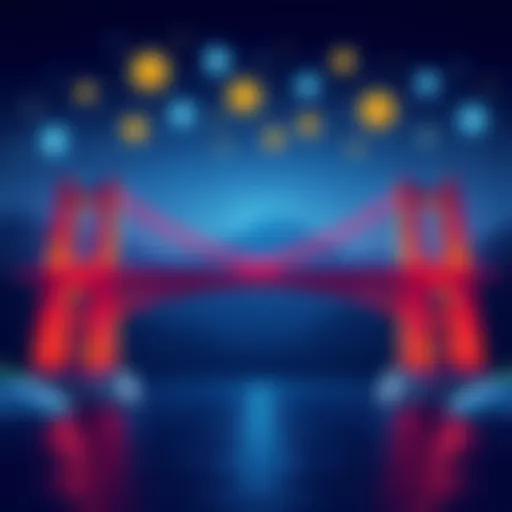 A visual representation of a bridge connecting two sides, symbolizing asset transfers on Solana blockchain, with digital currency icons above it