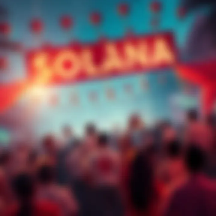 People celebrating 1000 epochs in a festive atmosphere, with banners and Solana logos