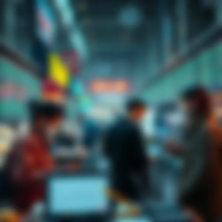 A busy market scene showing traders discussing Solana coins with charts and digital devices in the background.