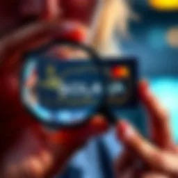 A person examining a Solana crypto card with a magnifying glass, highlighting key features.