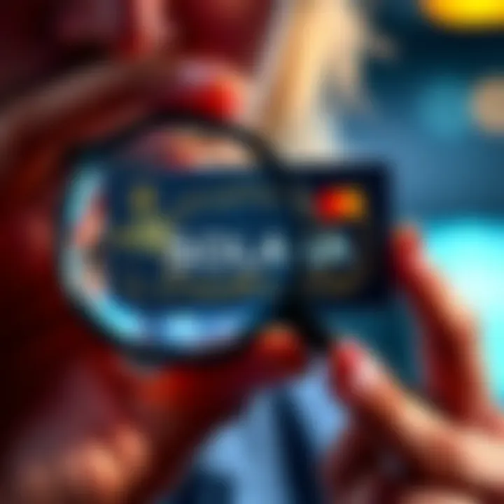 A person examining a Solana crypto card with a magnifying glass, highlighting key features.