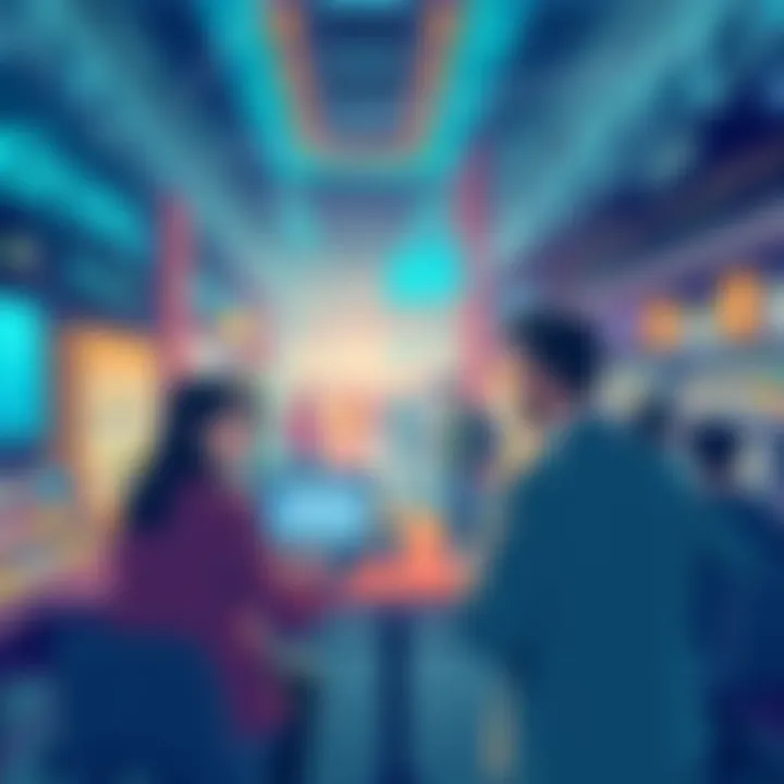 Illustration of a digital marketplace with freelancers and clients using Solana's blockchain for transactions.