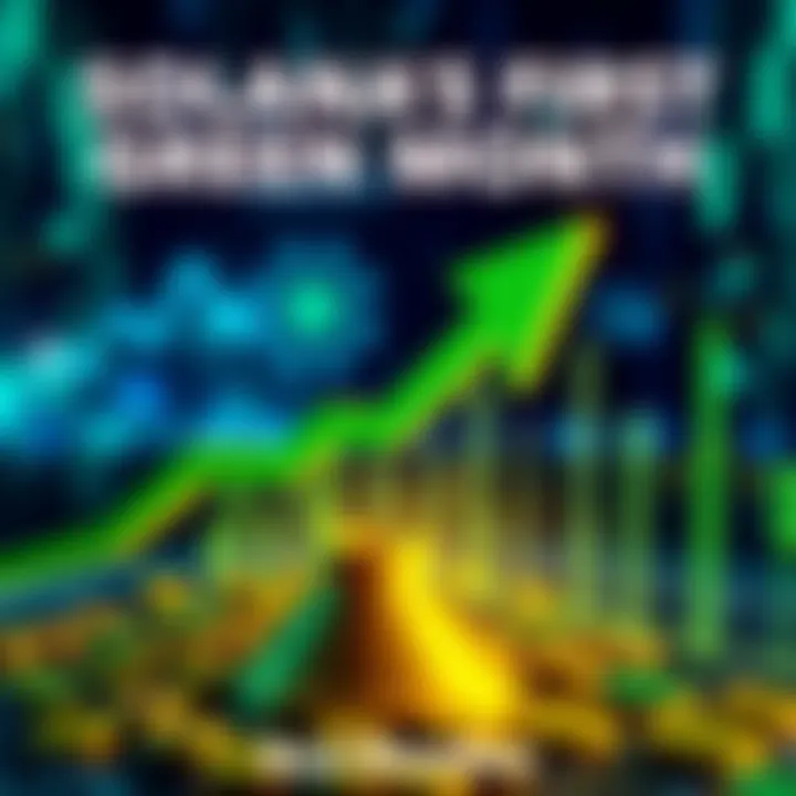 Solana's Green Month Celebration A graphic showing a green arrow indicating growth, representing Solanaโs first positive month in nine months. The background includes digital elements related to cryptocurrency.