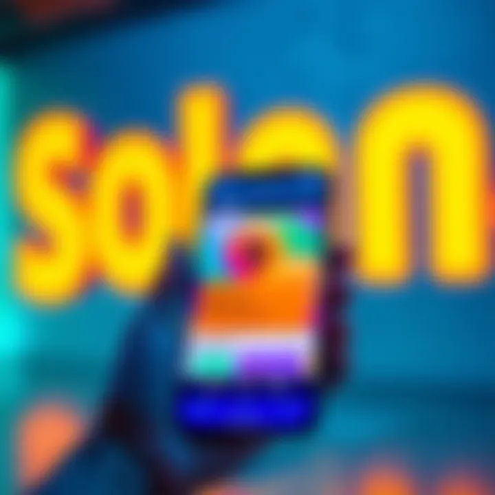 A smartphone displaying the Solana social app interface, featuring a mobile wallet integration and community feedback section, with vibrant Solana branding in the background.