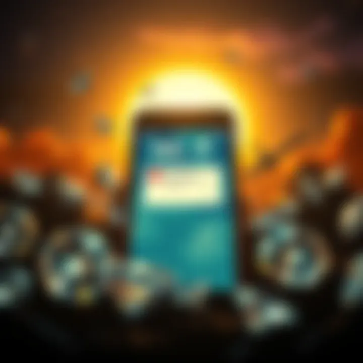 A phone showing connectivity issues with 5G and satellite SOS symbols, surrounded by images of diamonds and a bright sun, illustrating the impact of solar flares.