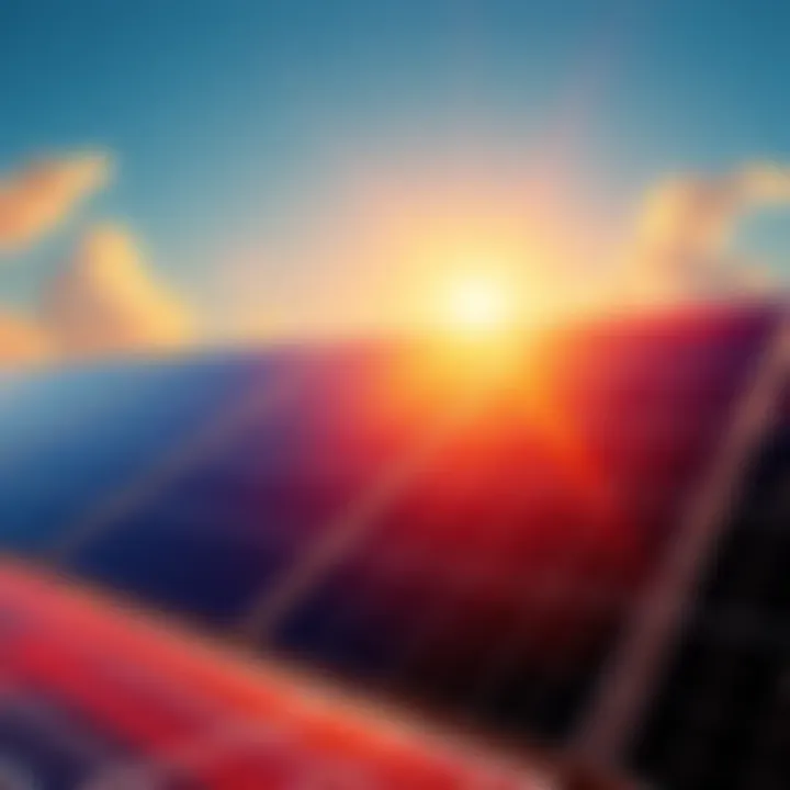 A collection of solar panels with a bright sun in the background, symbolizing the future potential of decentralized finance.