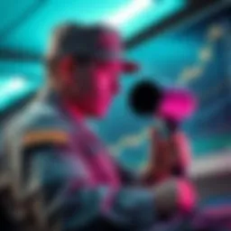 An active-duty soldier looks at a stock chart while a hair dryer sits next to him, symbolizing insider trading and market manipulation.