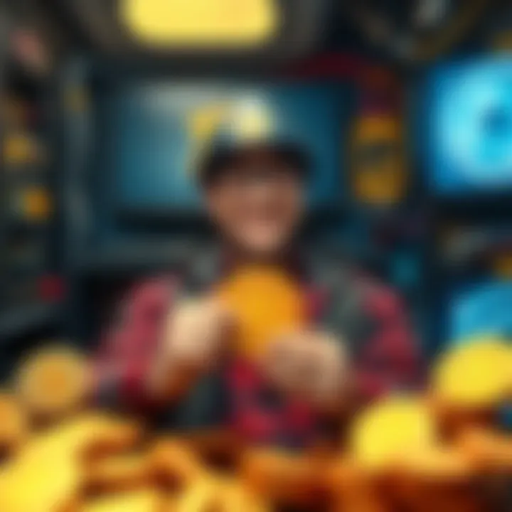 A solo bitcoin miner celebrating a $265,000 success with a big smile, surrounded by mining equipment and Bitcoin coins