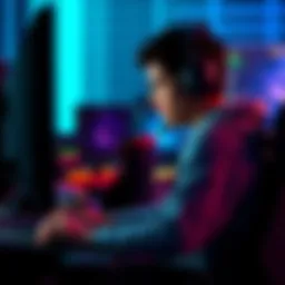 A person sitting at a computer playing a team-based game alone, with a focused expression and game graphics visible on the screen.