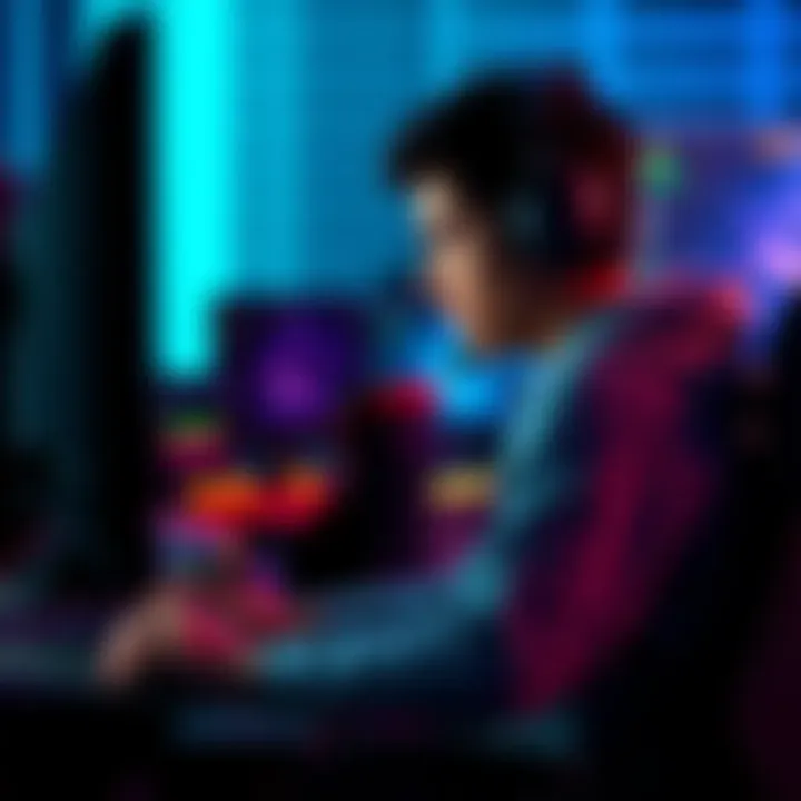 A person sitting at a computer playing a team-based game alone, with a focused expression and game graphics visible on the screen.