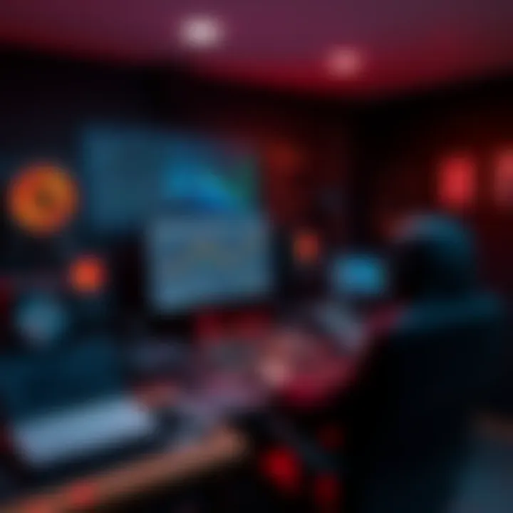 A computer with mining software displaying data, surrounded by mining equipment and a personal node setup