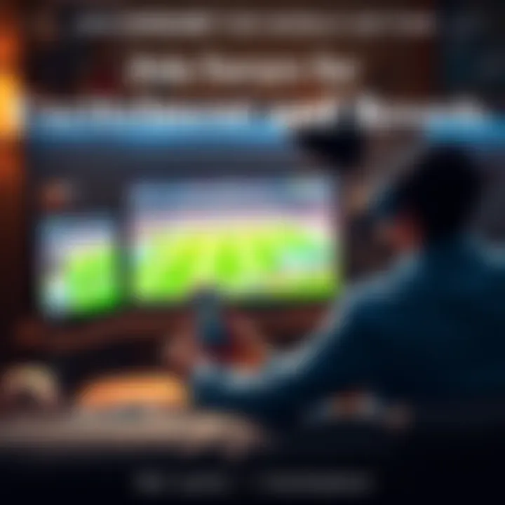 A player enjoys the Sorare app while watching a World Cup match on TV, excitement in the air with soccer memorabilia around.