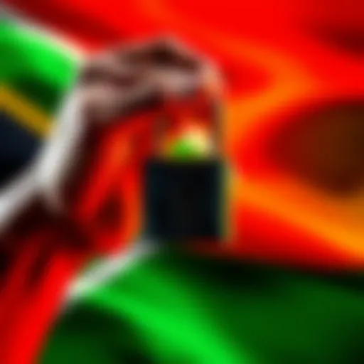 A person holding a lock symbolizing security and private keys in front of the South African flag, representing new cryptocurrency laws.