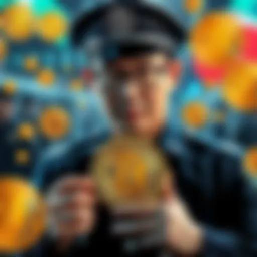 A South Korean police officer looking confused while holding a Bitcoin symbol, surrounded by digital currency icons