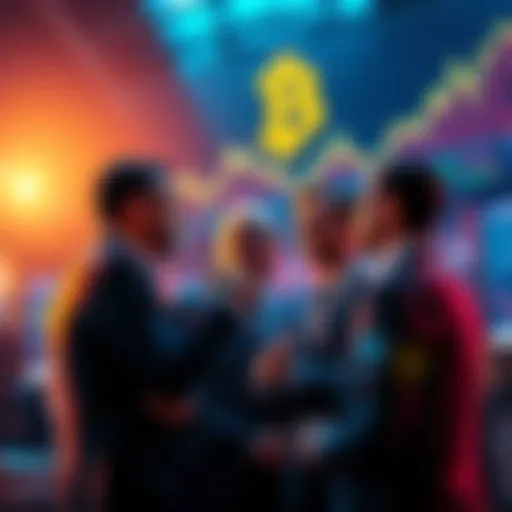 A group of business professionals discuss Bitcoin investments with charts and graphs in the background, representing financial growth.