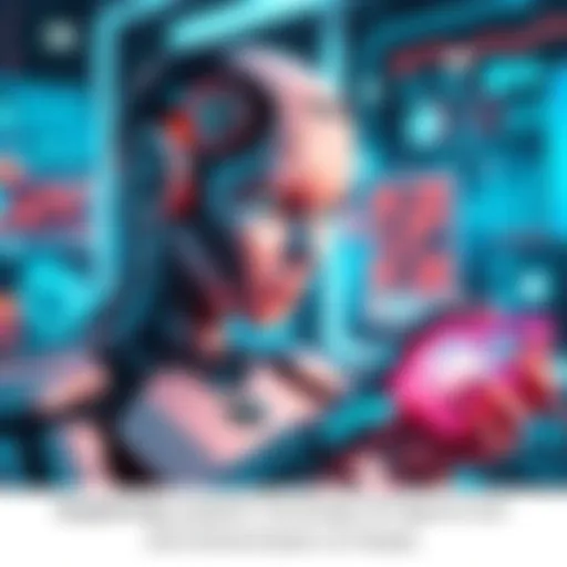 A futuristic depiction of a sovereign AI agent interacting with digital elements of Kaspa technology, showcasing advanced communication and interaction features.