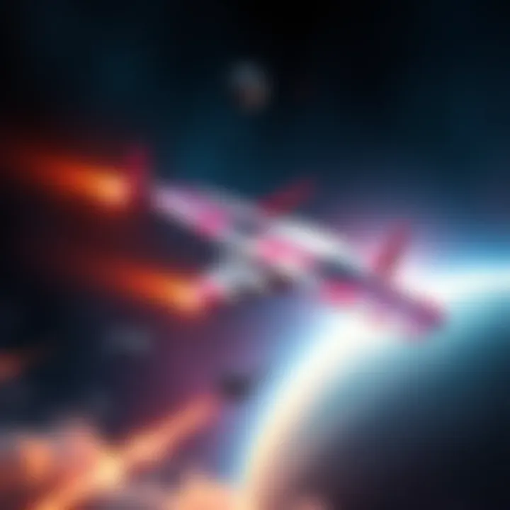 A colorful Jetglider soaring through a starry space background with planets and battleships nearby.